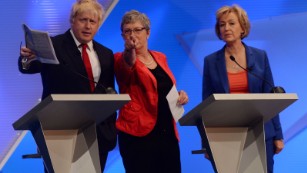 Pro-&quot;Leave&quot; MPs Boris Johnson, Gisela Stuart and Andrea Leadsom take part in Tuesday night&#39;s &quot;Great Debate.&quot;