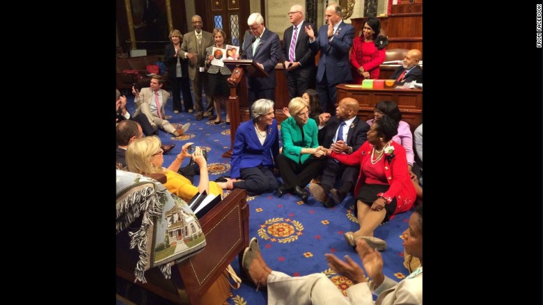 Rep. John Lewis, second from right, sits with other Democrats on the House floor as<a href="http://www.cnn.com/2016/06/22/politics/john-lewis-sit-in-gun-violence/index.html"> they try to force a vote on gun control</a> on Wednesday, June 22. Lewis posted <a href="https://www.facebook.com/RepJohnLewis/posts/10154185589303405:0" target="_blank">the above photo to his Facebook account saying</a>, "We have a mission, a mandate, and a moral obligation to speak up and speak out until the House votes to address gun violence. We have turned deaf ears to the blood of the innocent and the concern of our nation. We will use nonviolence to fight gun violence and inaction."