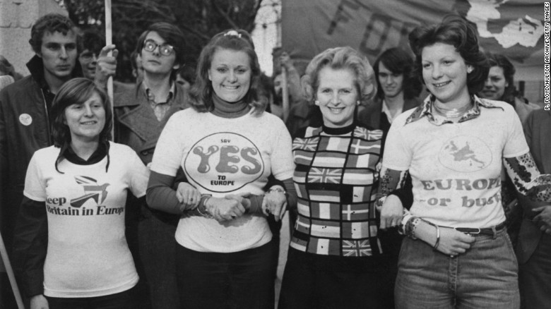 Newly-elected Conservative Party Leader Margaret Thatcher lends her support to the &#39;Keep Britain in Europe&#39; campaign, June 4, 1975.