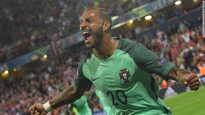 Portugal&#39;s Ricardo Quaresma celebrates after the late winner against Croatia in Lens.