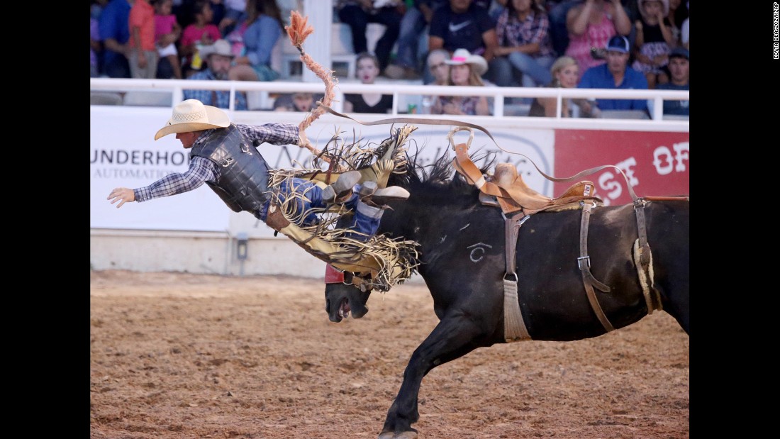Brewster Guin gets bucked off Social Call during the West of the Pecos Rodeo in Pecos, Texas, on Thursday, June 23.