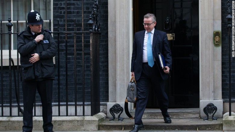 Justice Secretary Michael Gove, who backed Brexit, leaves 10 Downing Street on February 23.