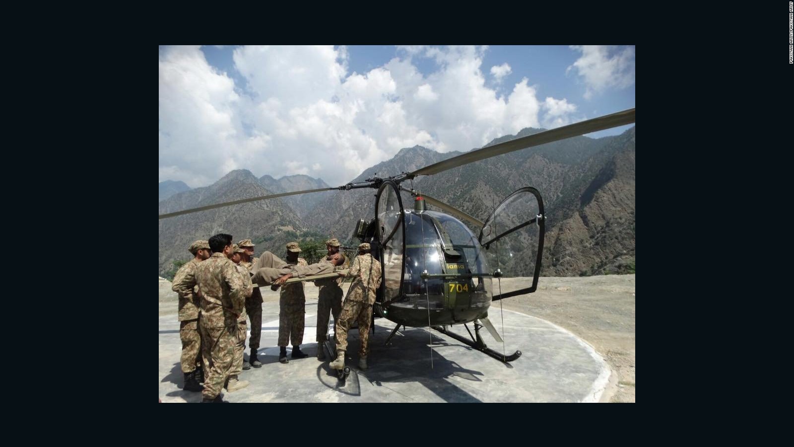 The Pakistan Army rescues flood victims by helicopter in the Chitral region.