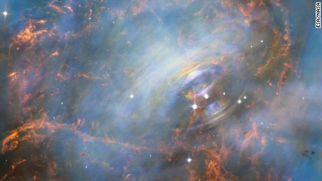 While many other images of the famous Crab Nebula nebula have focused on the filaments in the outer part of the nebula, this image shows the very heart of the Crab Nebula including the central neutron star — it is the rightmost of the two bright stars near the centre of this image. The rapid motion of the material nearest to the central star is revealed by the subtle rainbow of colours in this time-lapse image, the rainbow effect being due to the movement of material over the time between one image and another.