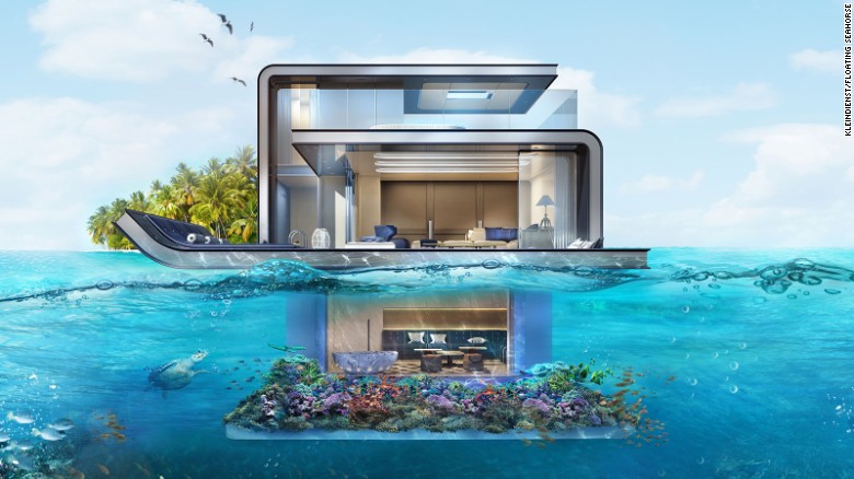 The Floating Seahorse villas take the houseboat concept to the next level. For starters, each three-story retreat features an entire floor submerged beneath the sea. Brought to life by Kleindienst real estate and property developers, the villas are part of the Heart of Europe resort opening off the coast of Dubai.