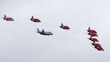 Not content with its solo display, the Lockheed Martin F-35B also joined a flypast with the Royal Air Force Red Arrows display team.