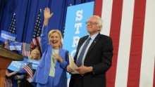 Presumptive Democratic presidential nominee Hillary Clinton and Bernie Sanders take the stage at Portsmouth High School July 12, 2016 in Portsmouth, New Hampshire. Sanders endorsed Clinton for president of the United States.