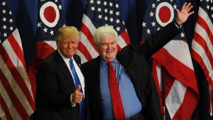 CINCINNATI, OH- JULY 6: Former Speaker of the House Newt Gingrich (R) introduces Republican Presidential candidate Donald Trump during a rally at the Sharonville Convention Center July 6, 2016, in Cincinnati, Ohio. Trump is campaigning  in Ohio ahead of the Republican National Convention in Cleveland next week.     (Photo by John Sommers II/Getty Images)