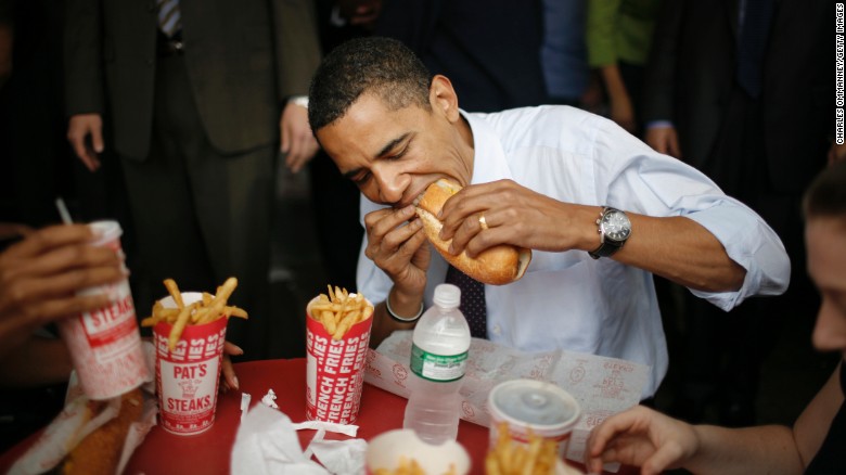 During his 2008 campaign for the presidency, then-candidate Sen. Barack Obama stopped for a cheesesteak and fries at Pat's King of Steaks in Philadelphia. Click through the gallery to see other politicians eating their way through key political states. 