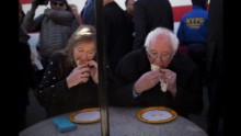 Sen. Bernie Sanders, an independent from Vermont and a 2016 Democratic presidential candidate (right), and his wife Jane ate Nathan's Famous hot dogs after a campaign event in Brooklyn on April 10, 2016.
