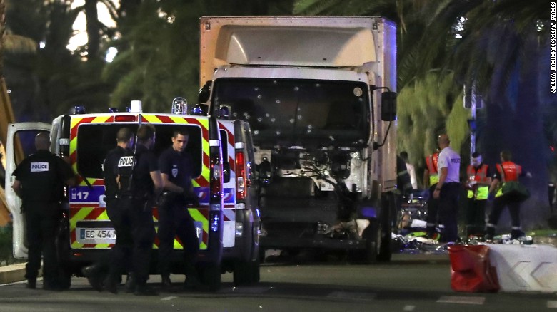 The truck plowed into a crowd leaving a Bastille Day fireworks display in the French resort city of Nice. One witness, an American who was about 15 feet from the truck, said the driver accelerated and pointed his tractor-trailer into the crowd, moving bodies over. 