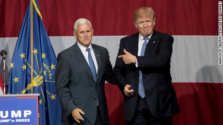 Republican presidential candidate Donald Trump greets Indiana Gov. Mike Pence at the Grand Park Events Center on July 12, 2016 in Westfield, Indiana. Trump is campaigning amid speculation he may select Indiana Gov. Mike Pence as his running mate.