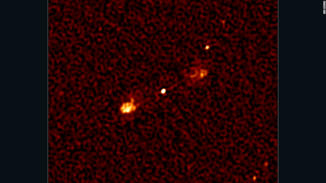 A &quot;Fanaroff-Riley Class 2&quot; (FR2) object: a massive black hole in the distant universe (matter falling into it produces the bright dot at the center) launching jets of powerful electrons moving at close to the speed of light.