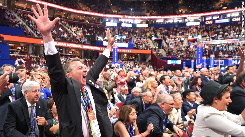 A delegate cheers during the roll call of states on the second day of the Republican National Convention on July 19, 2016 at Quicken Loans Arena in Cleveland, Ohio.

About 50,000 people are expected in Cleveland this week for the Republican National Convention, at which Donald Trump is expected to be formally nominated to run for the US presidency in November. 