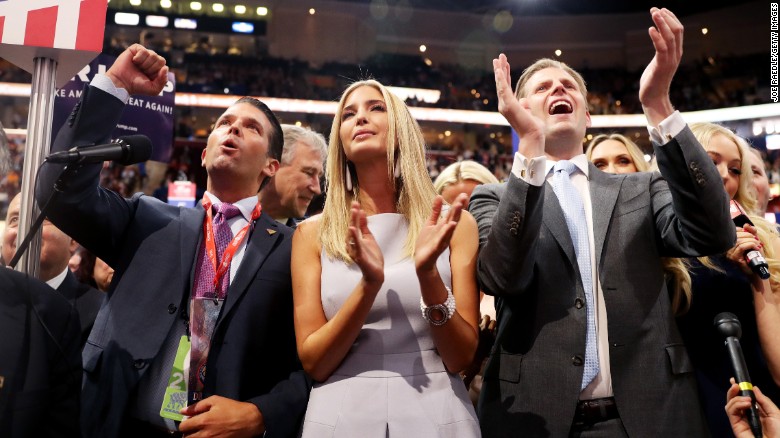 Donald Trump Jr. (L) along with Ivanka Trump (C) and Eric Trump (R), take part in the roll call in support of Republican presidential candidate Donald Trump on the second day of the Republican National Convention on July 19, 2016 at the Quicken Loans Arena in Cleveland, Ohio. An estimated 50,000 people are expected in Cleveland, including hundreds of protesters and members of the media. The four-day Republican National Convention kicked off on July 18.