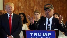 Former Marine Al Baldasaro defends the donations of Republican presidential candidate Donald Trump at a news conference at Trump Tower where Trump addressed issues about the money he pledged to donate to veterans groups on May 31, 2016 in New York City. 