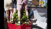 A woman climbs onto a plant stand outside the entrance to Quicken Loans Arena, the scene of the convention. The arena is home to LeBron James and the NBA champion Cleveland Cavaliers.
