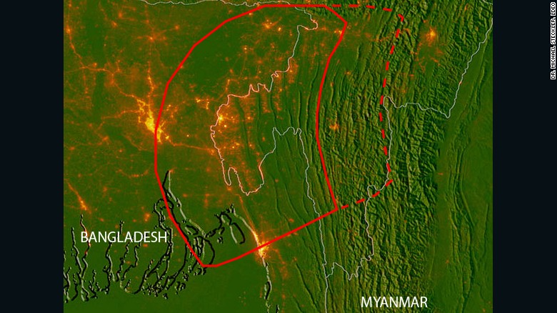 This map shows the position of the hidden fault lines in red. The base map includes city lights to show the location of major population centers. 