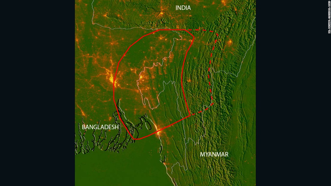 This map shows the position of the hidden fault lines in red. The base map includes city lights to show the location of major population centers. 