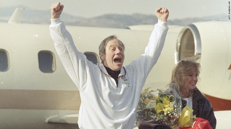 Thomas Sutherland exults on Dec. 1, 1991, upon his return to Fort Collins, Colorado.