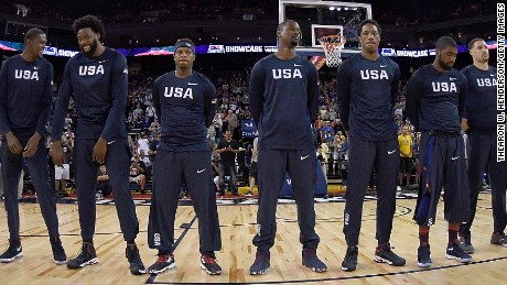 OAKLAND, CA - JULY 26:  The United States Men's National Basketball Team stands together during the playing of the National Anthem prior to playing the China Men's National Team in a USA Basketball showcase exhibition game at ORACLE Arena on July 26, 2016 in Oakland, California.  (Photo by Thearon W. Henderson/Getty Images)