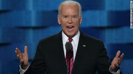 US Vice President Joe Biden delivers remarks on the third day of the Democratic National Convention at the Wells Fargo Center, July 27, 2016 in Philadelphia, Pennsylvania. Democratic presidential candidate Hillary Clinton received the number of votes needed to secure the party&amp;#39;s nomination. An estimated 50,000 people are expected in Philadelphia, including hundreds of protesters and members of the media. The four-day Democratic National Convention kicked off July 25. 