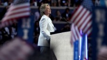 PHILADELPHIA, PA - JULY 28:  Democratic presidential nominee Hillary Clinton acknowledges the crowd as she arrives on stage during the fourth day of the Democratic National Convention at the Wells Fargo Center, July 28, 2016 in Philadelphia, Pennsylvania. Democratic presidential candidate Hillary Clinton received the number of votes needed to secure the party's nomination. An estimated 50,000 people are expected in Philadelphia, including hundreds of protesters and members of the media. The four-day Democratic National Convention kicked off July 25.  (Photo by Jessica Kourkounis/Getty Images)