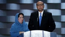 Khizr Khan, father of deceased U.S. Army Capt. Humayun S. M. Khan, delivers remarks as he is joined by his wife Ghazala Khan on the fourth day of the Democratic National Convention at the Wells Fargo Center, July 28, 2016 in Philadelphia, Pennsylvania.