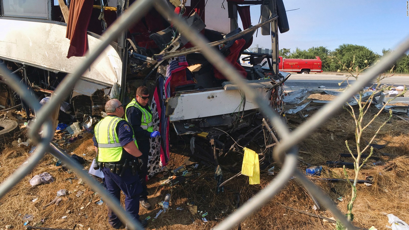 The exit sign pole sliced halfway through the bus, a California Highway Patrol spokesman said.