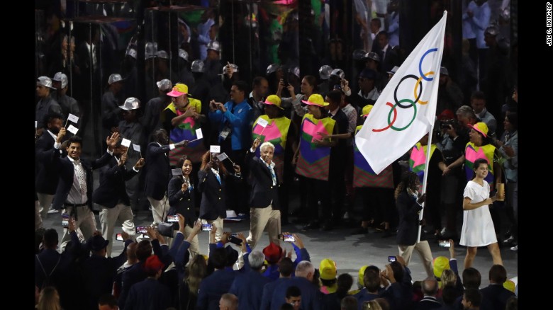 The Refugee Olympic Team walks out during the parade of nations.