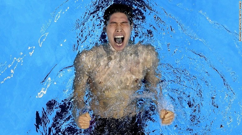 Kosuke Hagino of Japan celebrates winning gold in the final of the men&#39;s 400-meter individual medley on the first day of competition at the 2016 Olympic Games on Saturday, August 8.