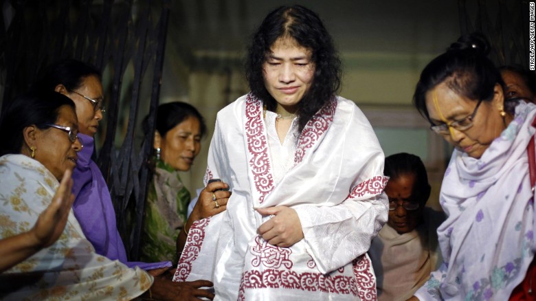 Irom Sharmila started her hunger strike in 2000, after 10 civilians were killed in a shooting blamed on the Indian army in Manipur state. Here, she is greeted by supporters following her release from a hospital jail in Imphal, India's northeastern Manipur state, on August 20, 2014.
