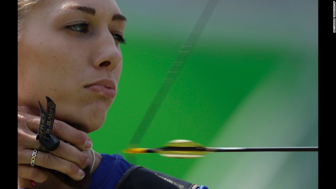 Slovakia's Alexandra Longova releases an arrow during the women's individual archery competition on Monday, August 8.