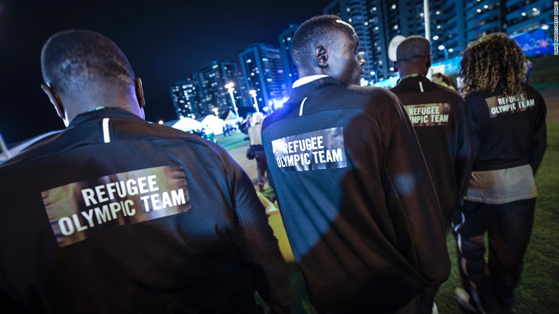 Athletes with the Refugee Olympic Team attend a welcoming ceremony on Wednesday, August 3. Half of the 10-member team is from South Sudan. Two members fled Syria, two left the Democratic Republic of the Congo, and one is originally from Ethiopia. <a href=