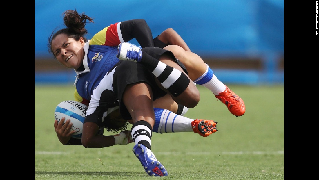 Colombia's Claudia Betancur tackles Fiji's Ana Maria Roqica during a rugby sevens match on Sunday, August 7.