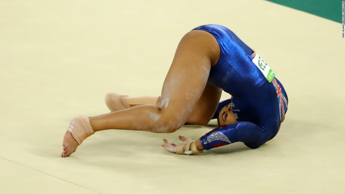 British gymnast Elissa Downie falls on her neck during her floor routine on Sunday, August 7. She later returned to action after being checked out by doctors.