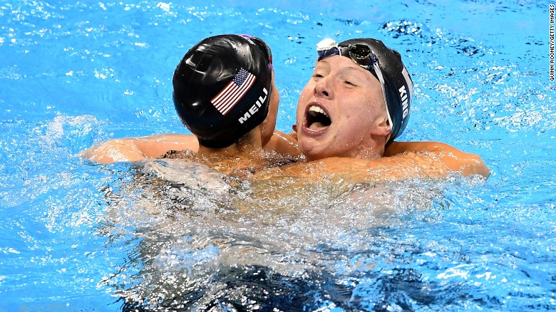 Lilly King, right, celebrates with American teammate Katie Meili after winning the 100-meter breaststroke on Monday, August 8. Leading up to the final, King &lt;a href=&quot;http://www.cnn.com/2016/08/08/sport/rio-olympics-russia-booed-lilly-king-yuliya-efimov/&quot; target=&quot;_blank&quot;&gt;had called out Russian rival Yulia Efimova,&lt;/a&gt; who faced two bans for performance-enhancing drugs before eventually being allowed to swim in Rio de Janeiro. Efimova finished in second place. Meili got the bronze.