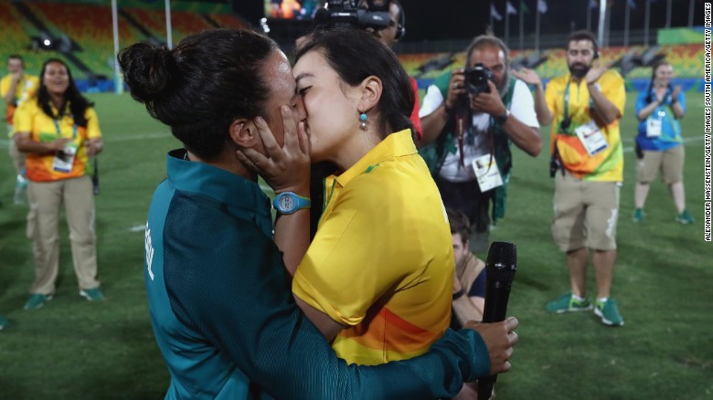 Rugby player Isadora Cerullo of Brazil, left, kisses Marjorie Enya, a volunteer at the Games, on Monday, August 8. &lt;a href=&quot;http://edition.cnn.com/2016/08/09/sport/marriage-proposal-olympics-brazil/&quot; target=&quot;_blank&quot;&gt;Enya proposed to Cerullo&lt;/a&gt; after the rugby sevens match between Australia and New Zealand.