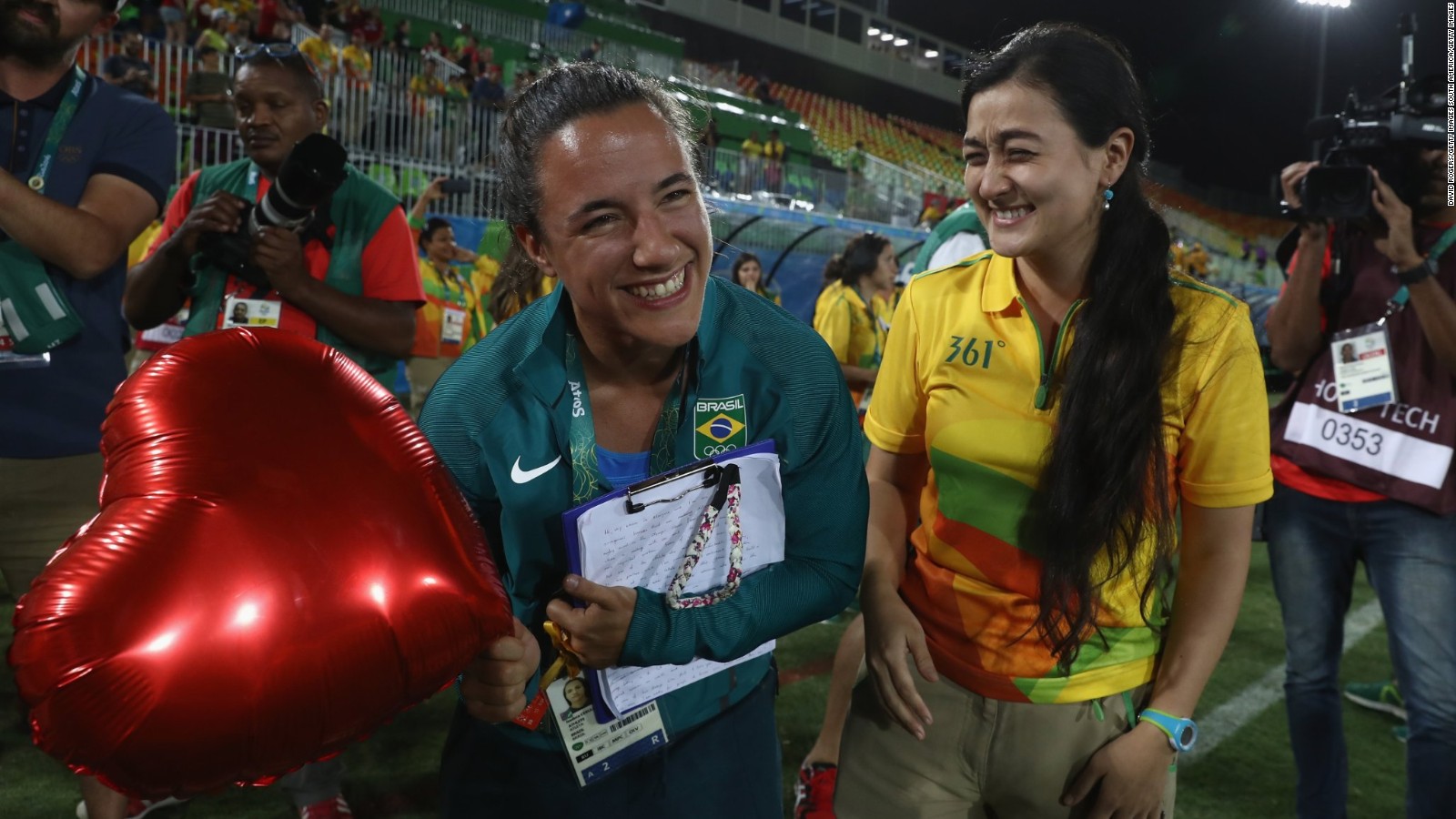 Marjorie Enya and rugby player Isadora Cerullo of Brazil got engaged at Deodoro Park.