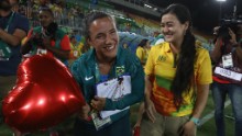 Marjorie Enya and rugby player Isadora Cerullo of Brazil got engaged at Deodoro Park.