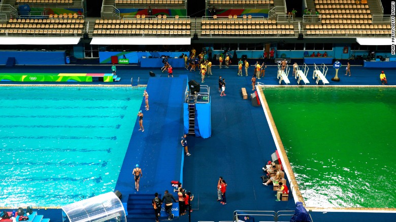 The diving pool, right, is seen on Tuesday, August 9. The pool had turned from &lt;a href=&quot;http://www.cnn.com/2016/08/09/sport/rio-olympics-green-pool/&quot; target=&quot;_blank&quot;&gt;blue to green&lt;/a&gt; since Monday.&lt;br /&gt;