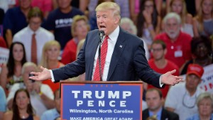 WILMINGTON, NC - AUGUST 9:  Republican presidential candidate Donald Trump addresses the audience during a campaign event at Trask Coliseum on August 9, 2016 in Wilmington, North Carolina. This was TrumpÕs first visit to Southeastern North Carolina since he entered the presidential race. (Photo by Sara D. Davis/Getty Images)