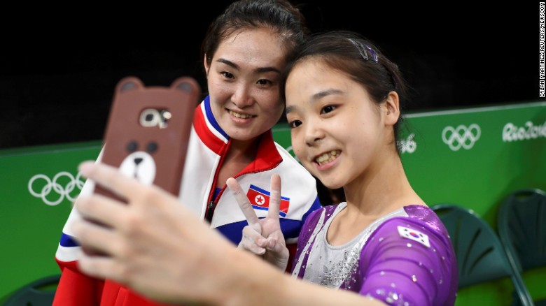 South Korean gymnast Lee Eun-ju &lt;a href=&quot;http://www.cnn.com/2016/08/08/sport/korea-gymnast-selfie/index.html&quot; target=&quot;_blank&quot;&gt;takes a selfie&lt;/a&gt; with North Korean gymnast Hong Un-jong during training on Thursday, August 4. Relations have been frosty between the North and South since its division following the end of World War II, but geopolitics were put to the side as the two Olympians came together.