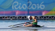 Armandas Kelmelis of Lithuania reacts after winning the men's single sculls final D.