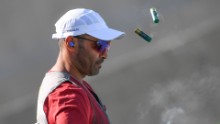 Qatar's Nasser Saleh Al Attiya competes during the skeet men's qualifications at the Olympic Shooting Centre.