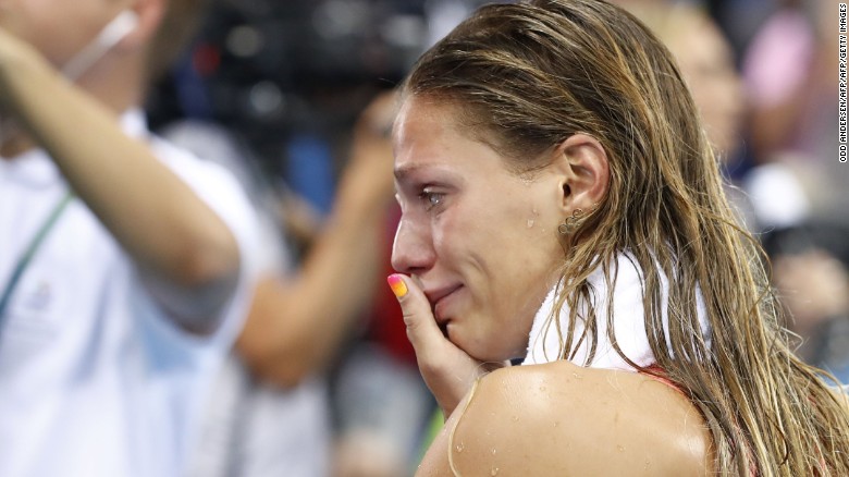 TOPSHOT - Russia's Yulia Efimova cries after she placed second in the Women's 100m Breaststroke Final during the swimming event at the Rio 2016 Olympic Games at the Olympic Aquatics Stadium in Rio de Janeiro on August 8, 2016.   / AFP / Odd ANDERSEN        (Photo credit should read ODD ANDERSEN/AFP/Getty Images)