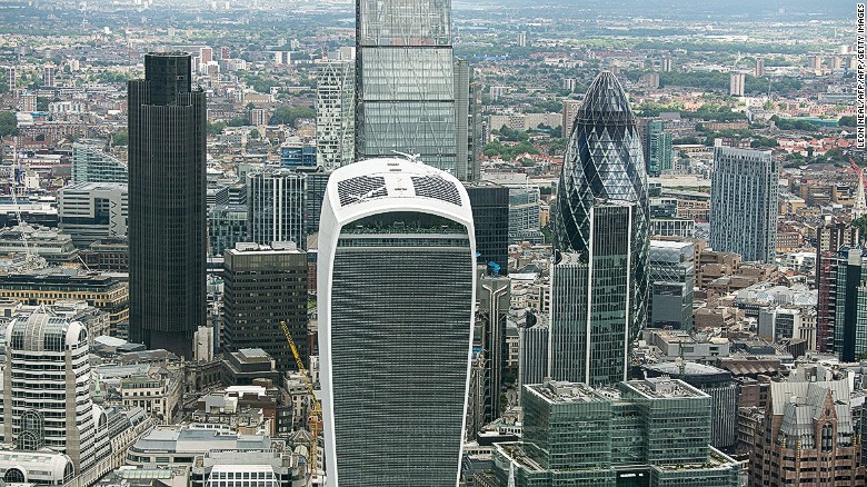 The City of London financial district skyline includes a number of unusual buildings, including the rounded Gherkin (R) and the &#39;Walkie Talkie&#39; (C front), the winner of the 2015 Carbuncle Cup.