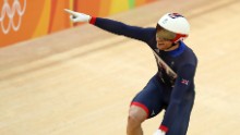 Kenny celebrates after winning the men's keirin final.