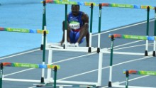 His dream of reaching an Olympic final now in tatters, Julmis doesn't hesitate as he gets up again to continue his race.