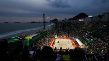 The Atlantic Ocean laps Copacabana beach - home of the beach volleyball